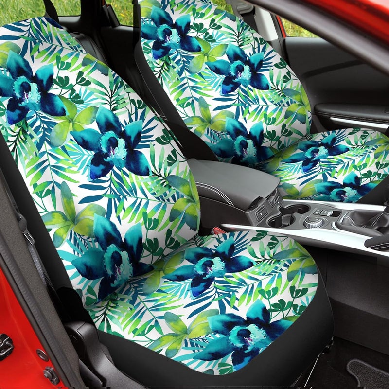 Howilath Universal Car Seat Covers Full Set of 2, Blue Hibiscus Floral Leaves Printed Auto Front Bucket Seats Protector Car SUV Interior Accessories - Image 4